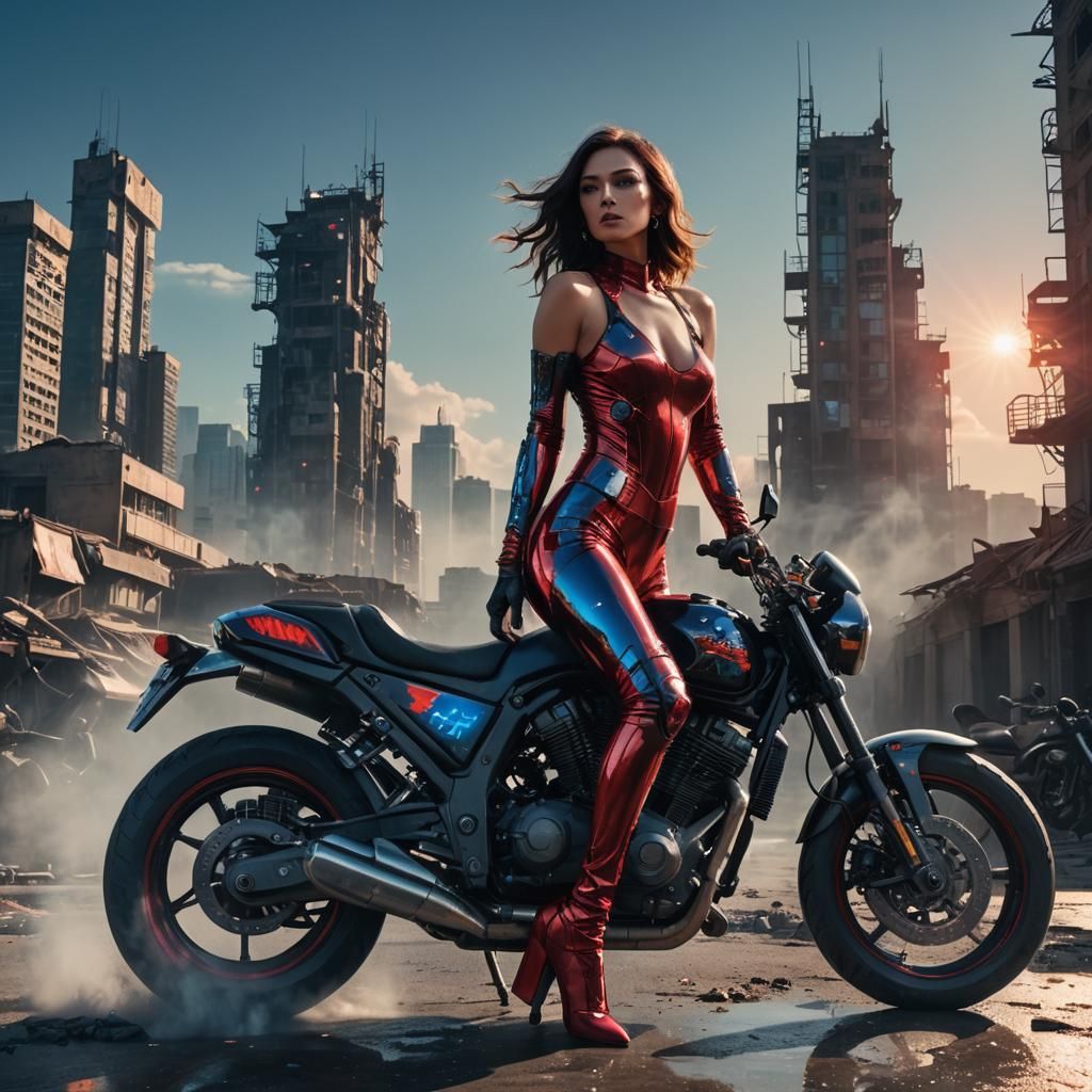 Woman on Motorcycle in Ruined Cityscape: Matte Painting