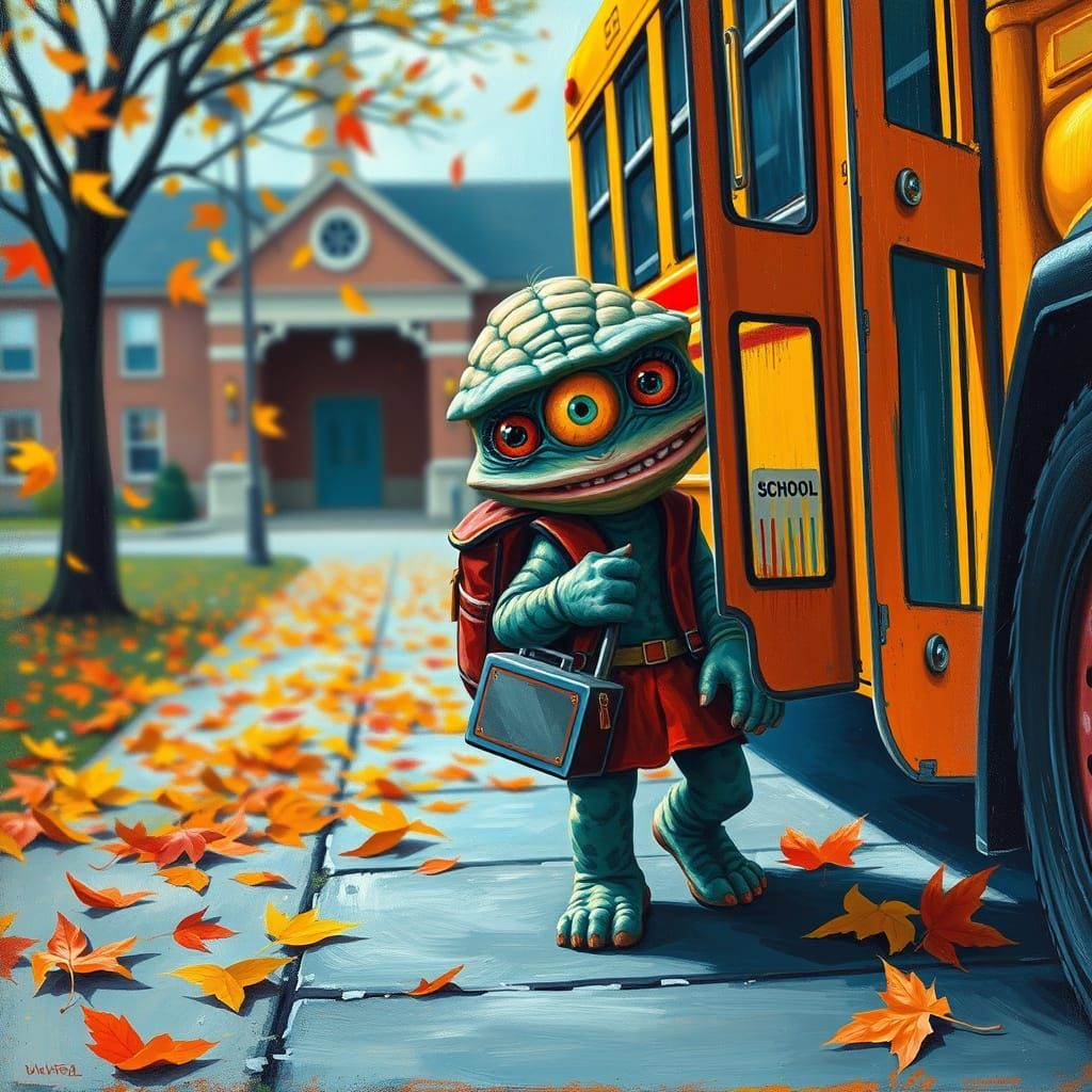 Young Monster Child's First Day at School in Vibrant Autumn ...