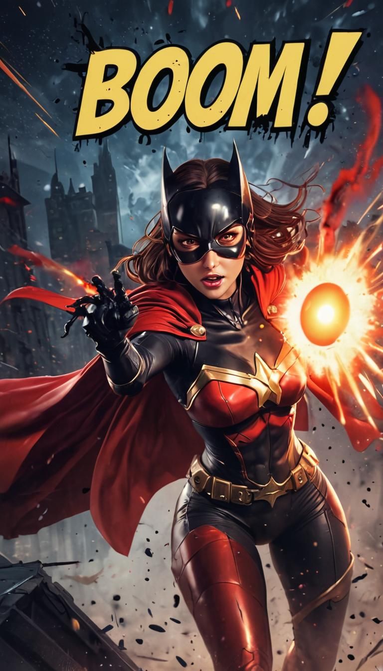 Onomatopoeia :: 8K Artstation-grade comic book cover. Heroine shoots twice: ✍️ write ("BOOM!!" then "Boom!!") in decreas...