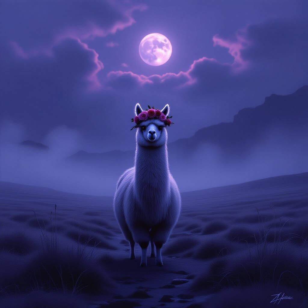 Melancholy Alpaca in Misty Moor, Surrealist Digital Painting