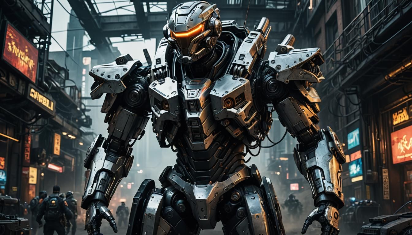 Cyberpunk Robot Warrior in Dark Futuristic City