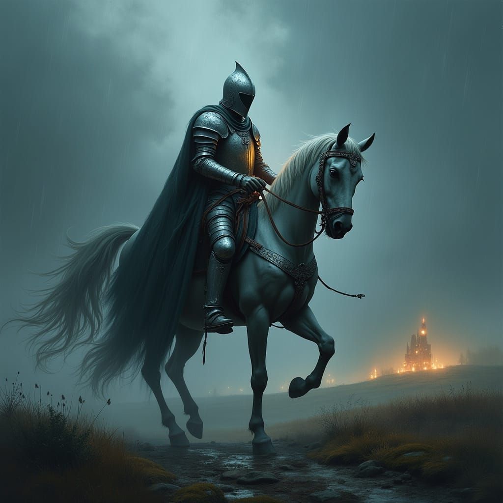 Medieval Knight Rides Steed Across Windswept Moor in Eerie, ...
