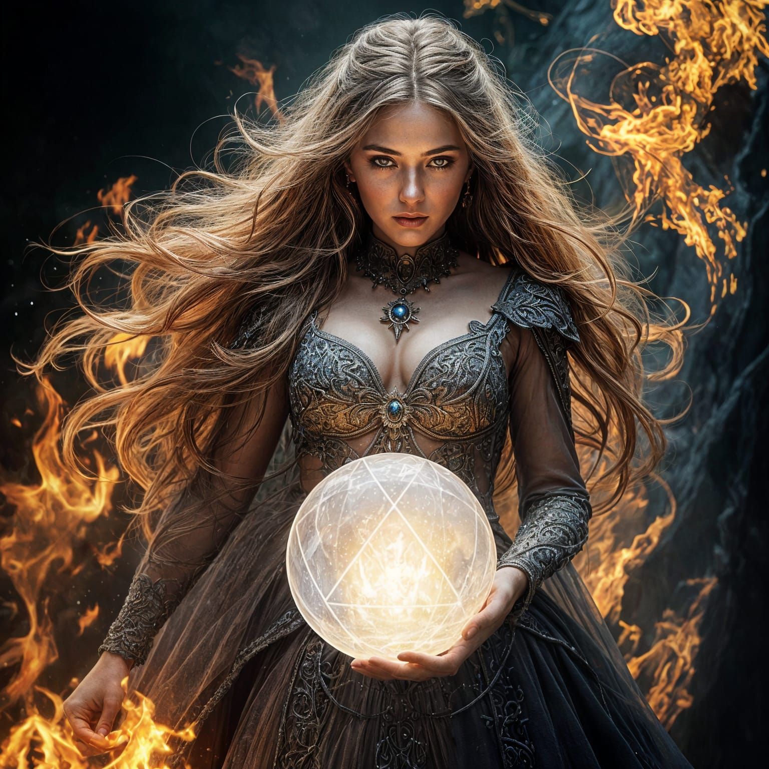 Fiery Sorceress Conjuring Crystal Sphere