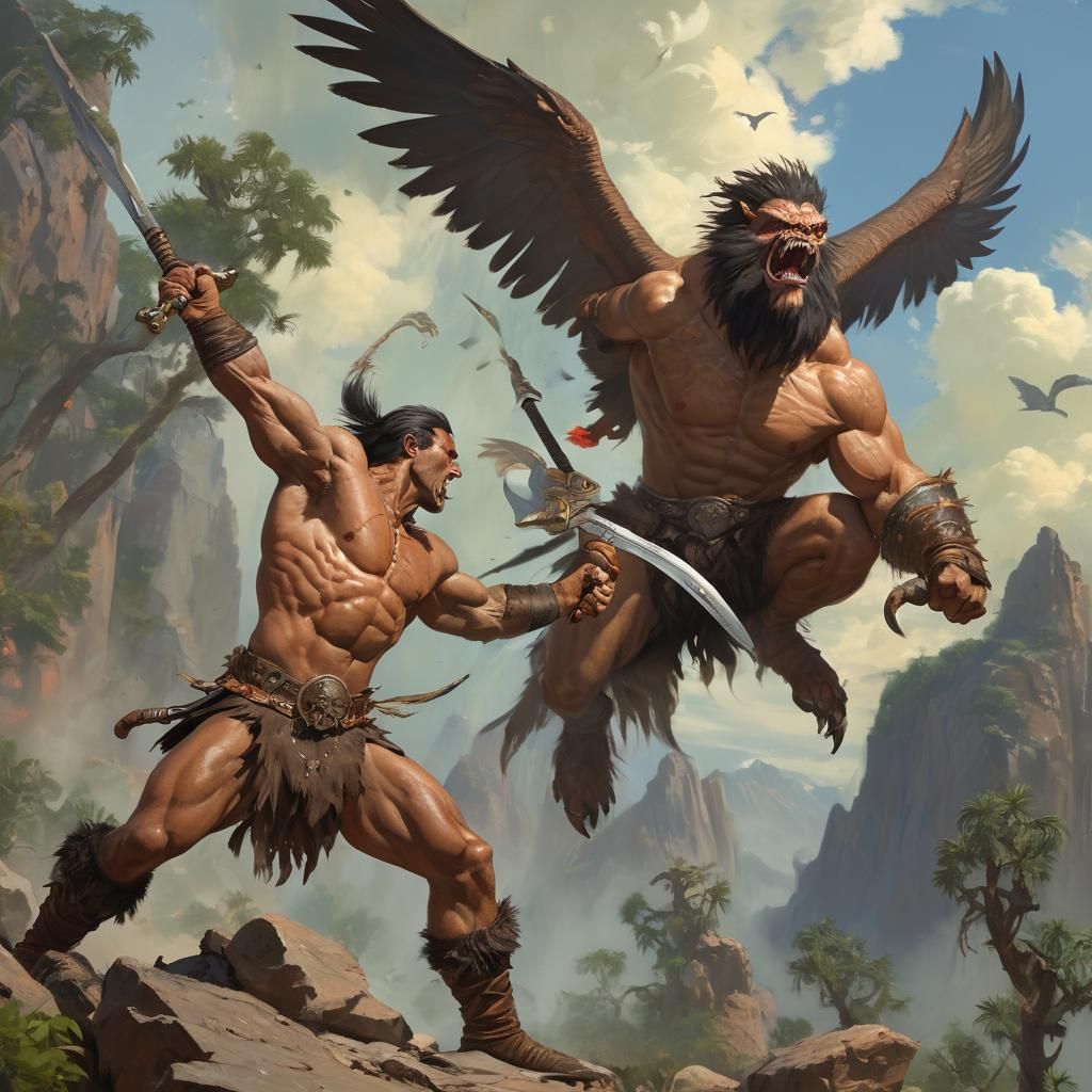 Barbarian Battles Giant Bird on Alien World