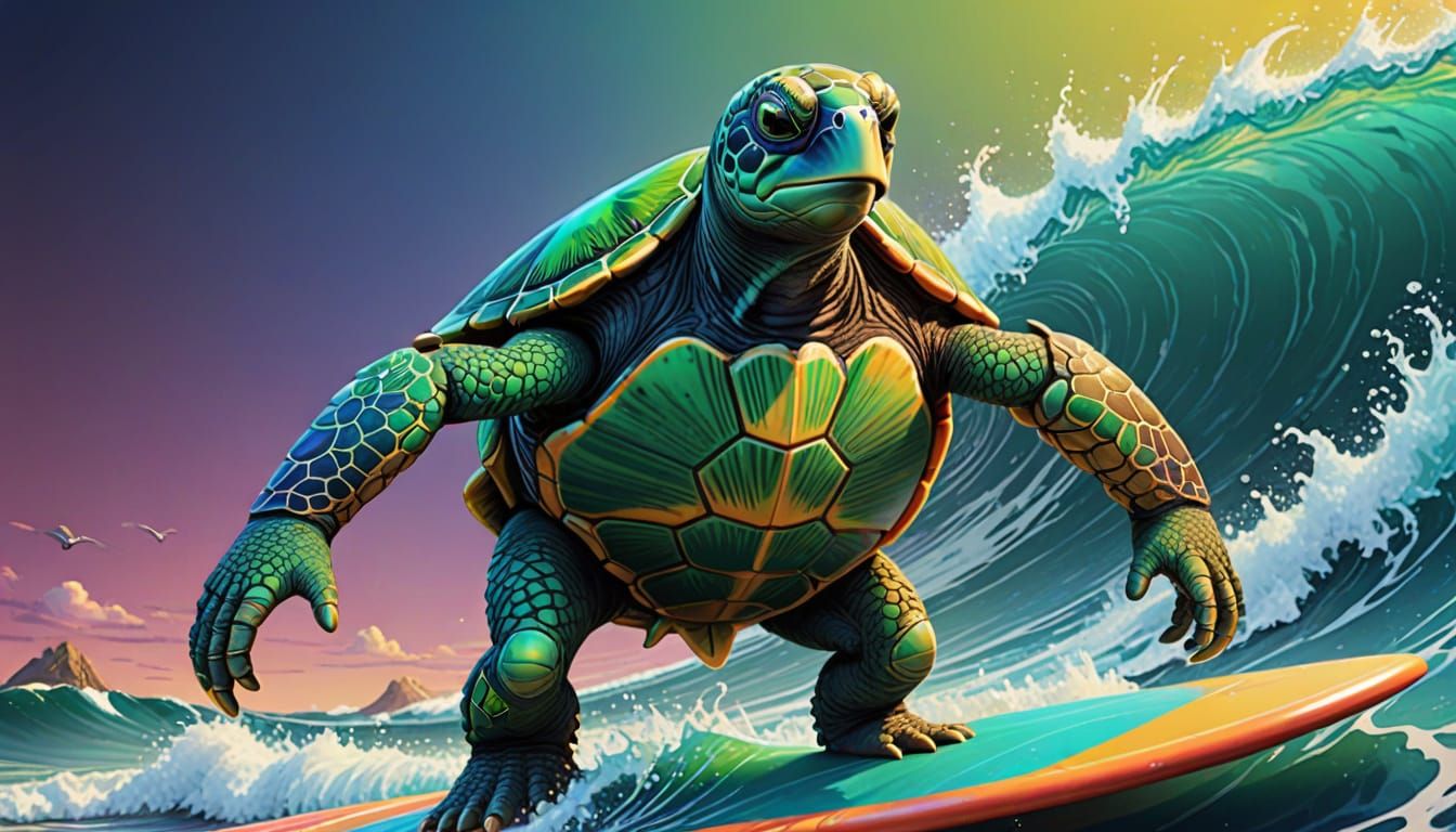 Cyberpunk Surfing Sea Turtle in Vibrant Colors
