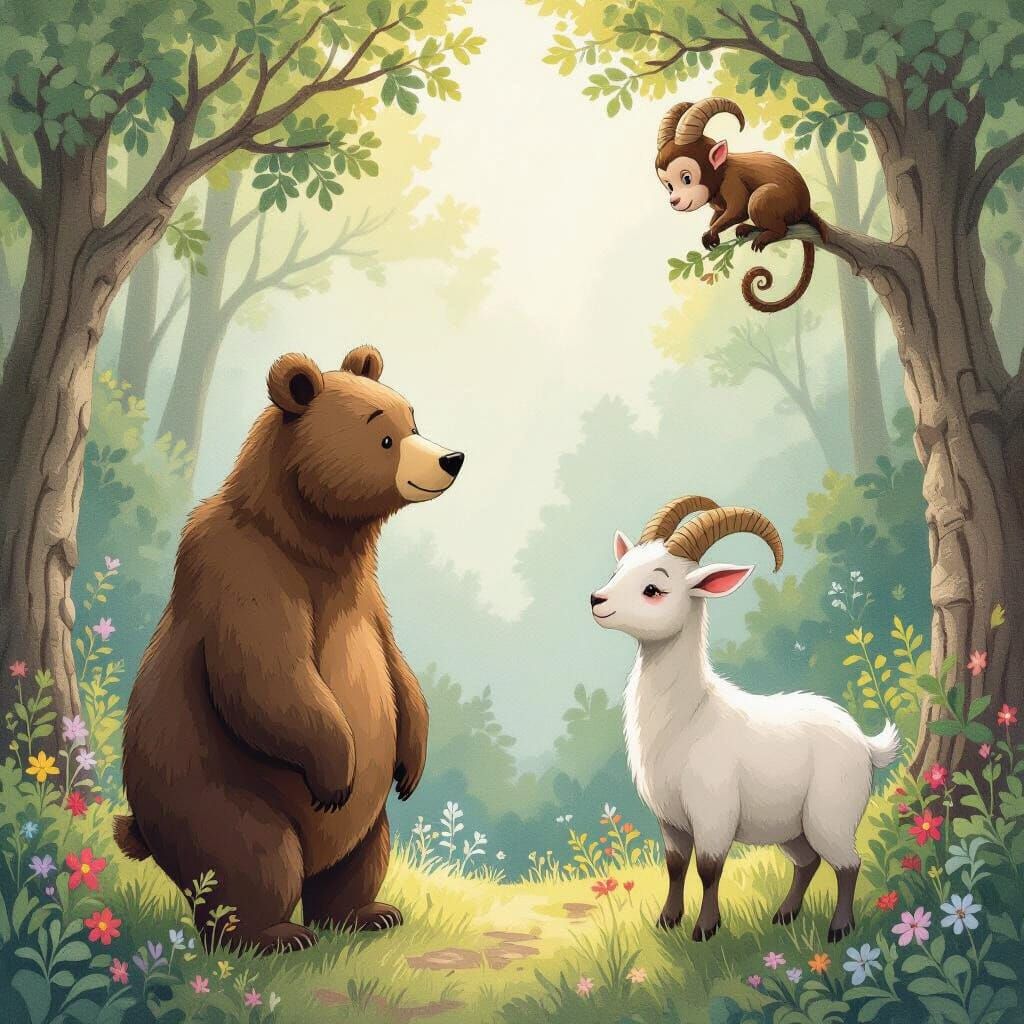 Bear and Goat Find Peace Under Monkey's Gaze, Whimsical Fore...