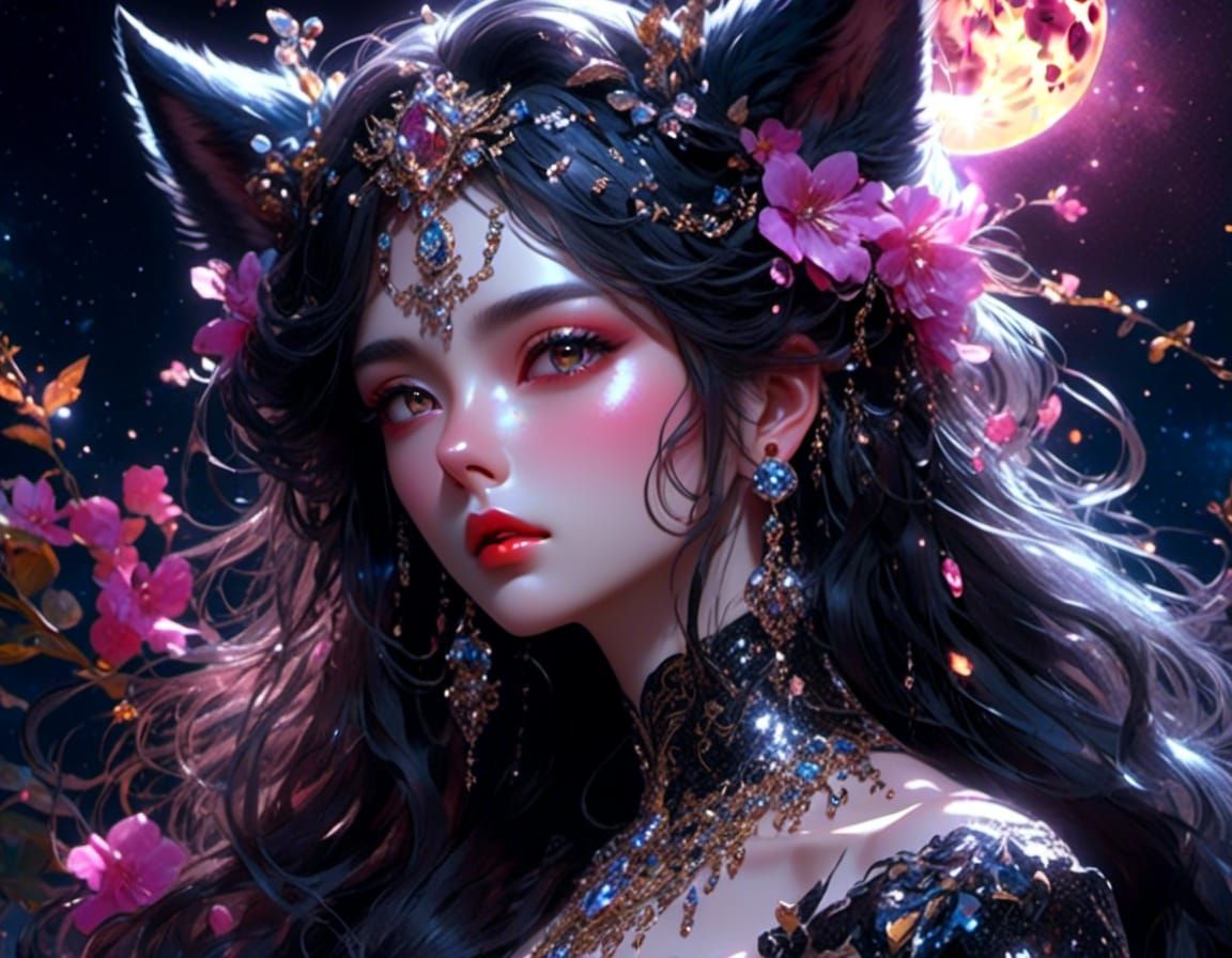 Epic Black Wolf Howling at Moon in Hyperrealism