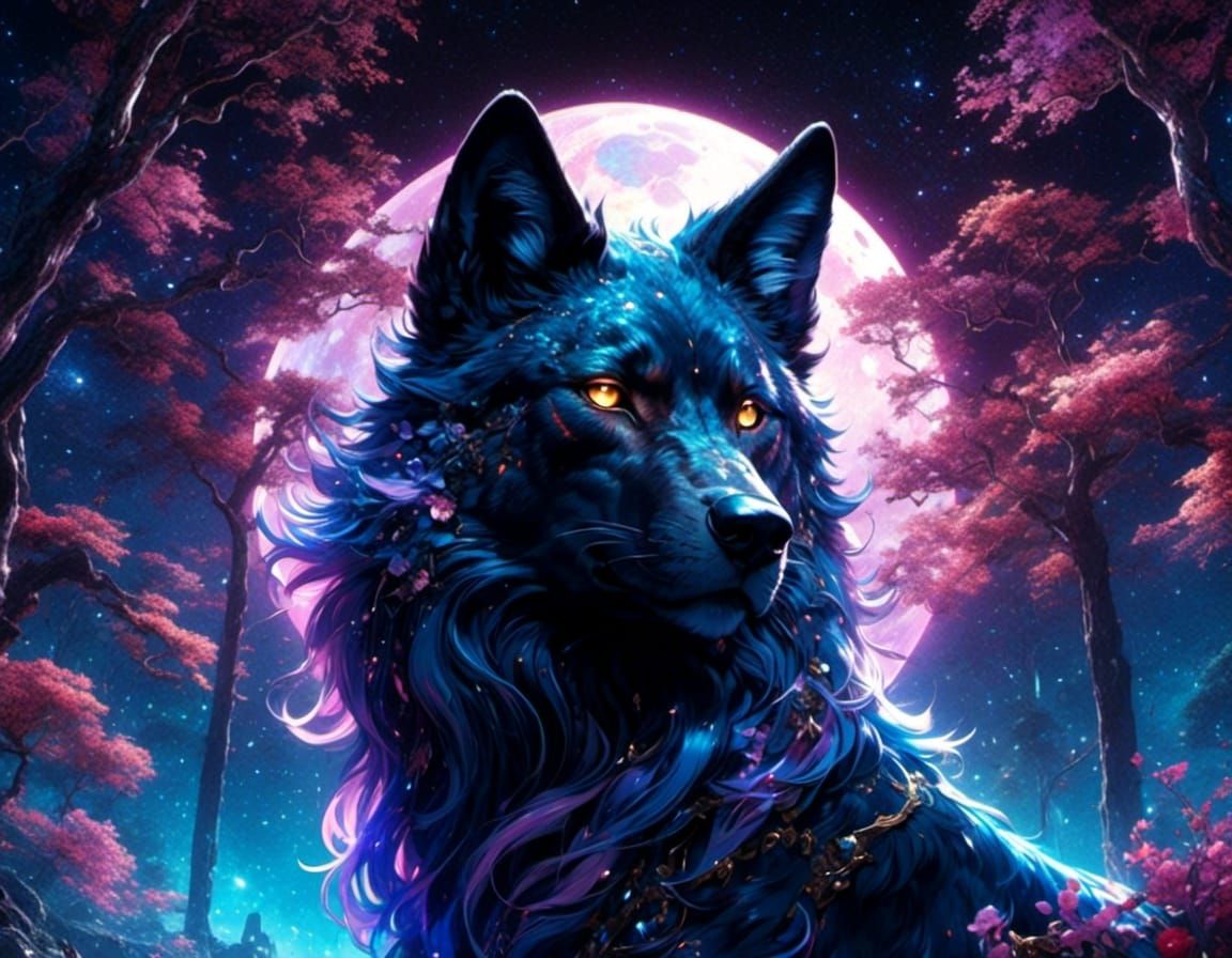 Epic Black Wolf Portrait in Dark Fairytale Style