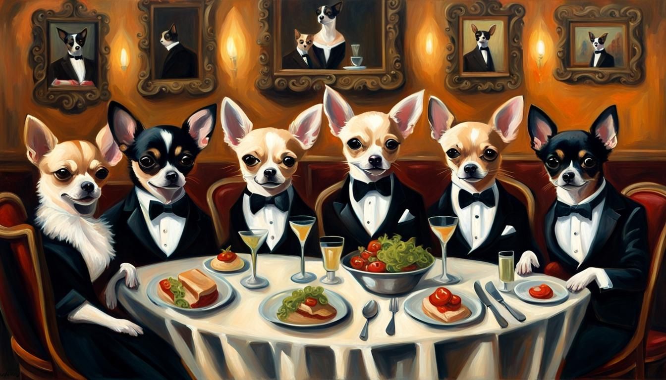 Chihuahuas in Tuxedos at Dinner, Oil Painting