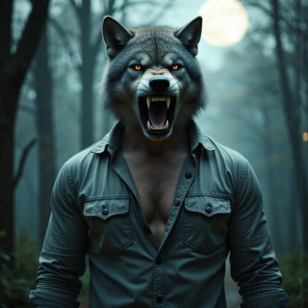 Photorealistic Wolf Man Transformation Under the Moon
