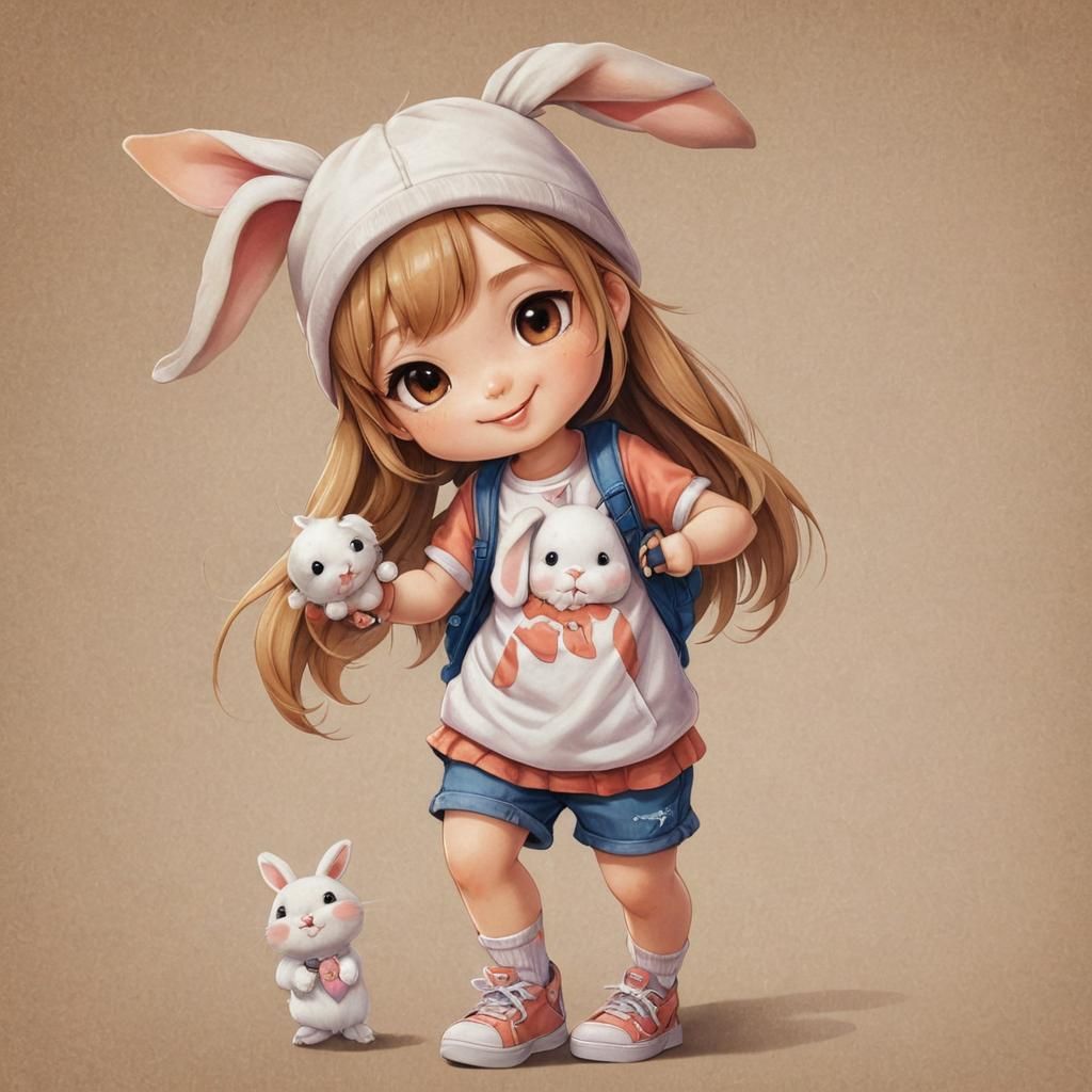 Cute Chibi Girl with Rabbit in Airbrush Oil Painting