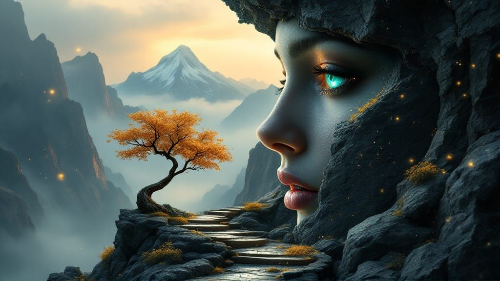 Majestic Surreal Portrait with Mountain Landscape