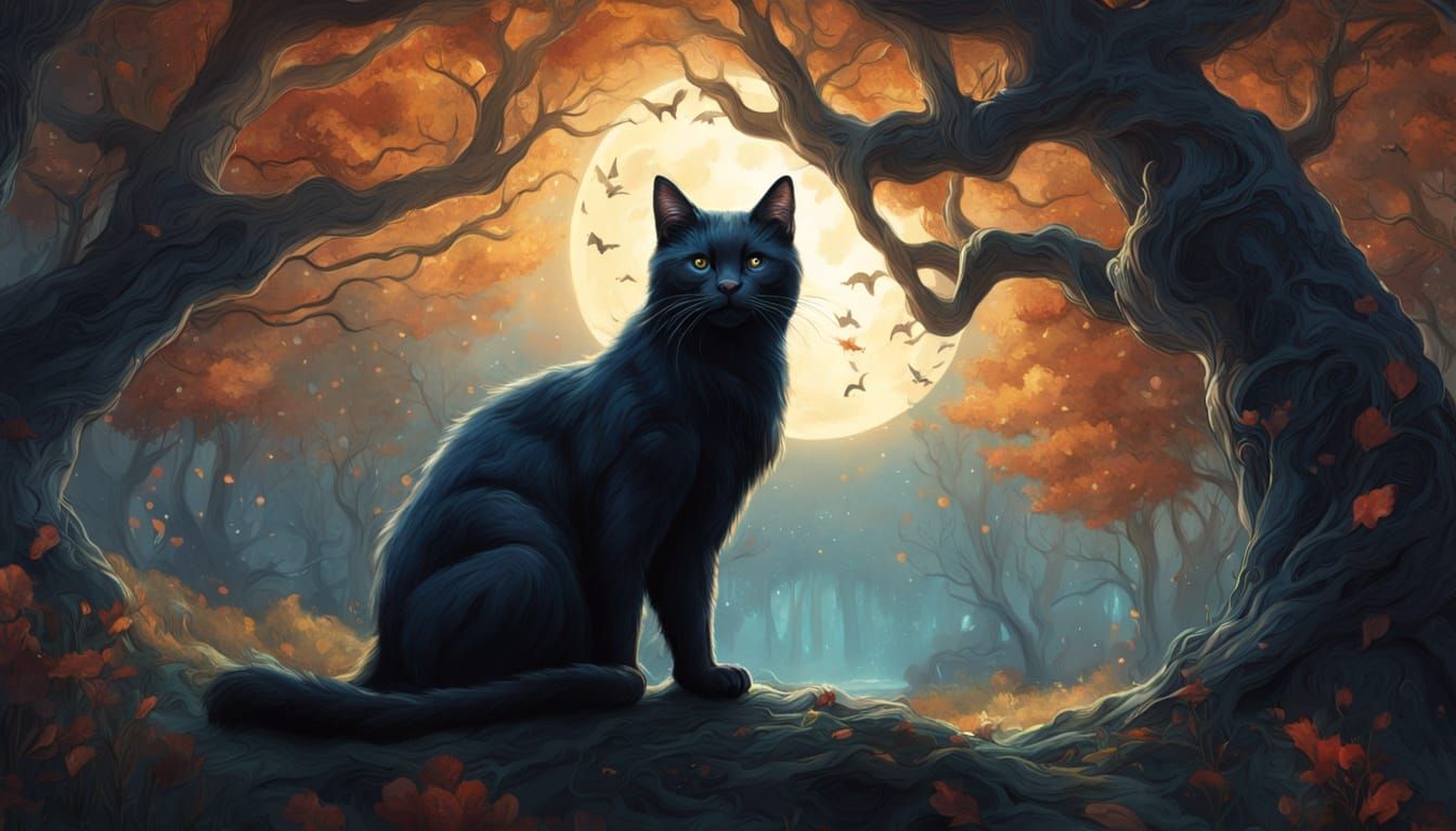 Mystical Forest Clearing With Black Cats Under Moonlight