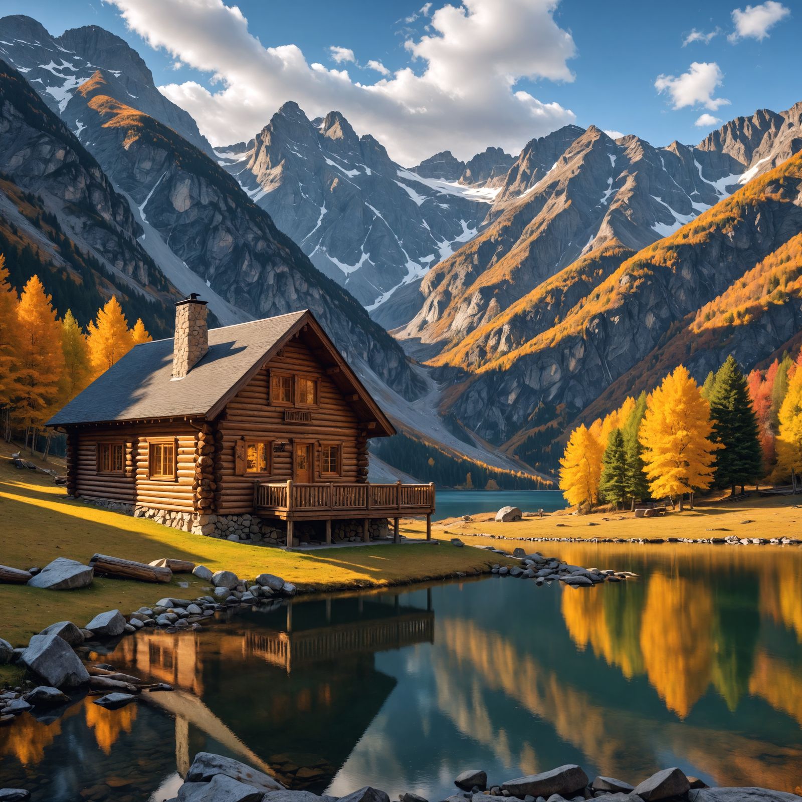 Autumn Log Cabin Scene in Hyperrealistic Style