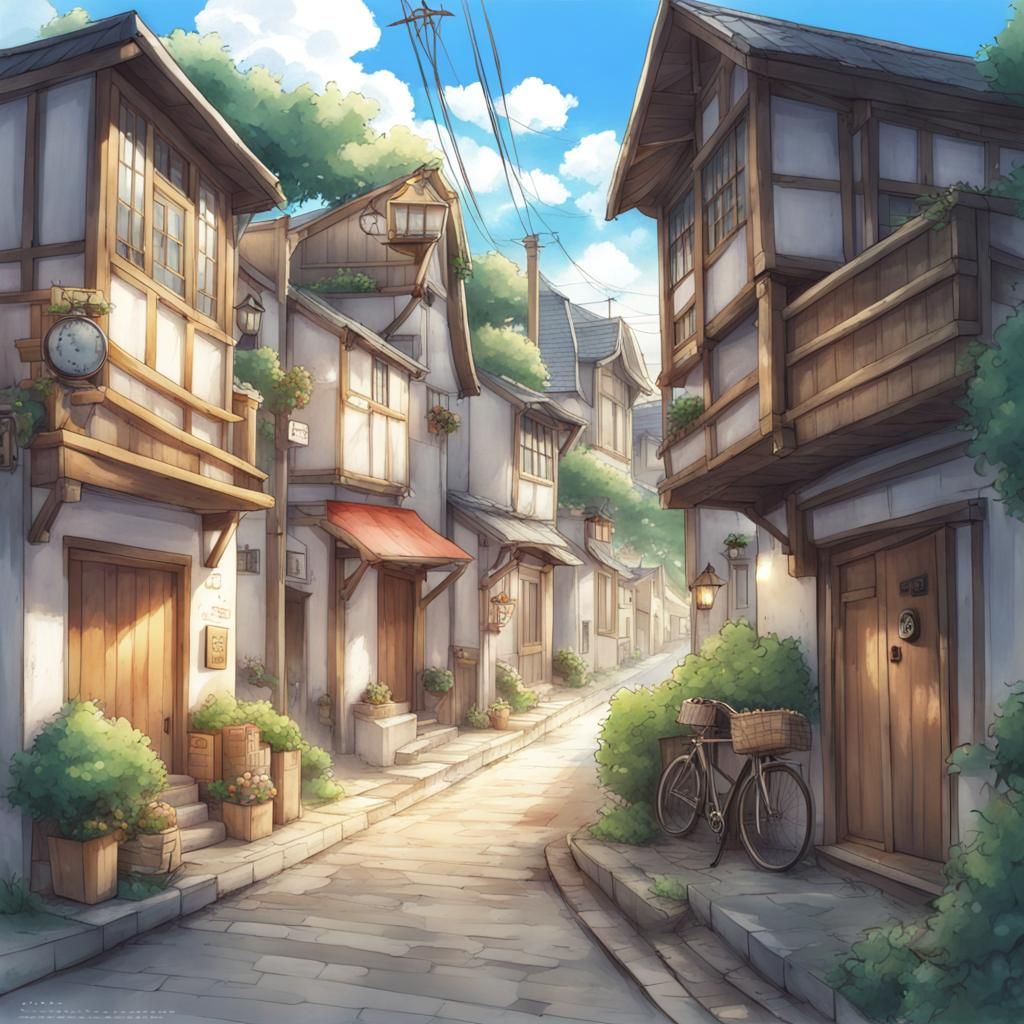 Vibrant Seaside Village Street in Anime Style