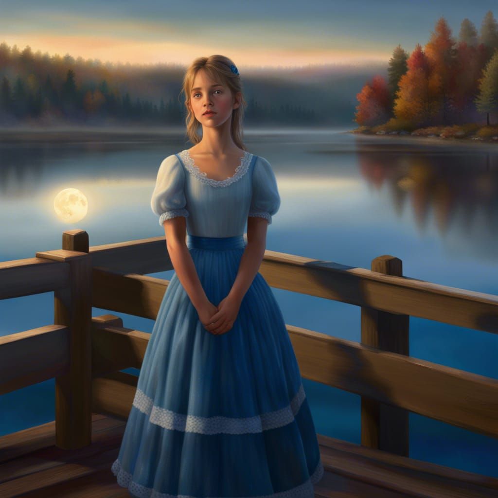 Girls in full, blue skirt prairie dress, back to observer, s...