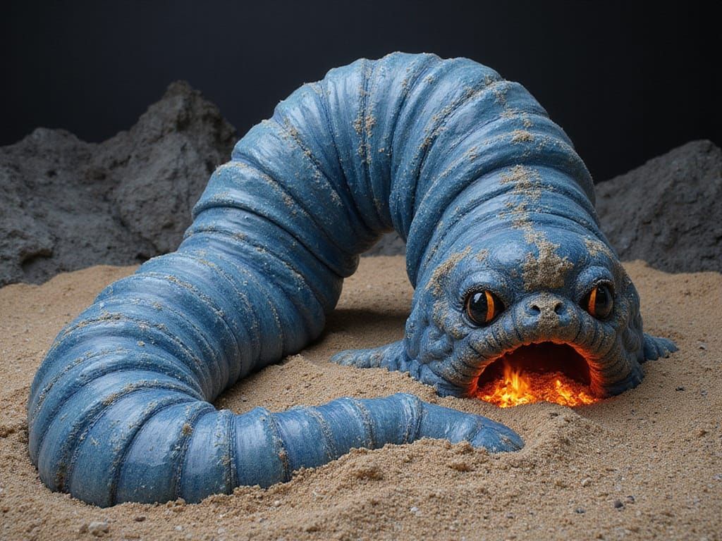 Freestanding Colossal Biolucent Denim Sandworm in Dramatic Pause Vanishing Point Trompe L'oeil