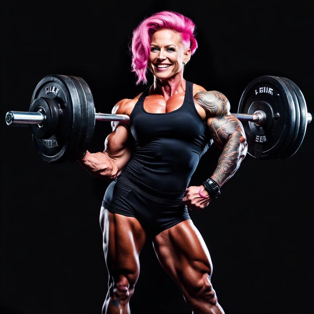 Ripped Female Bodybuilder Portrait with Pink Hair