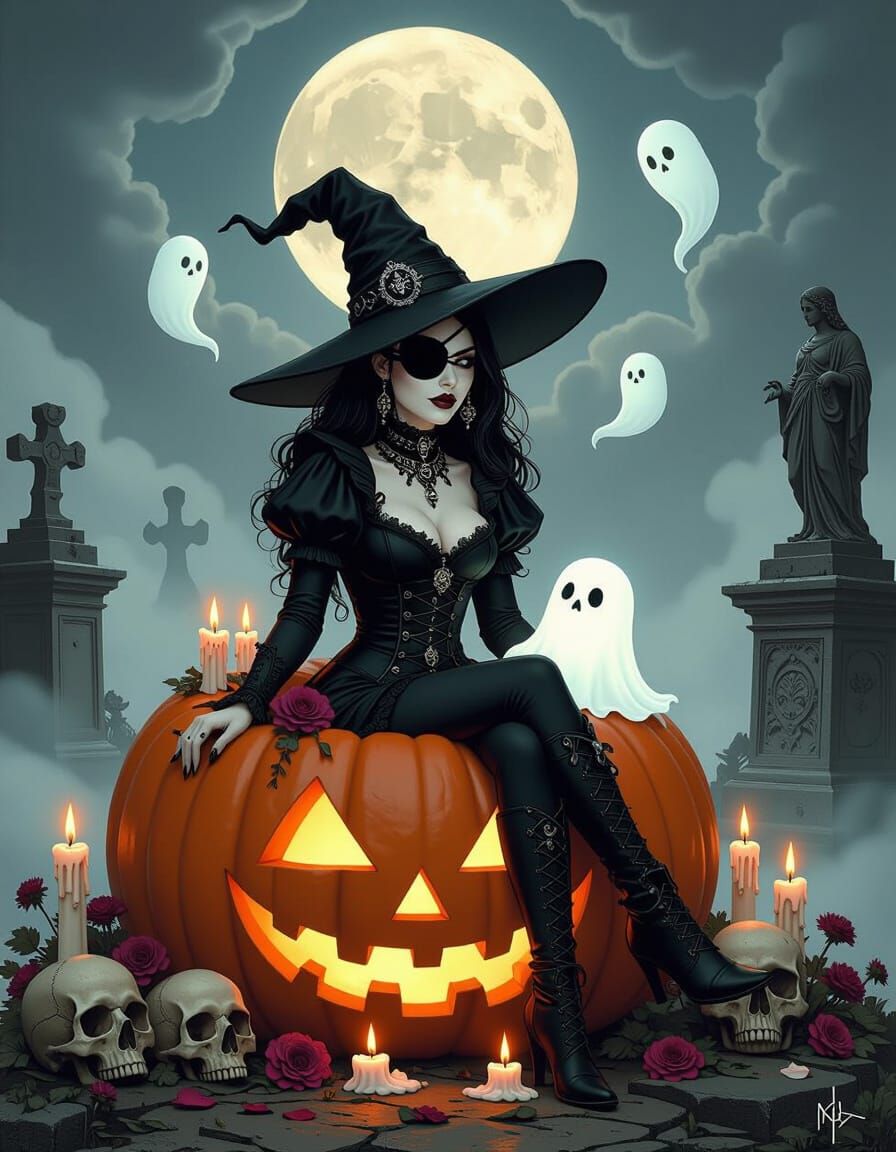 Gothic Witch on Pumpkin with Offerings and Ghosts
