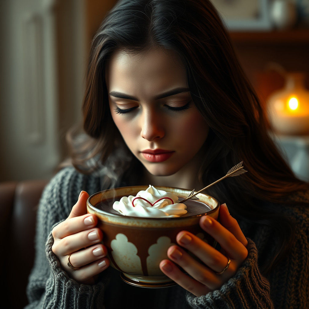 Sorrowful Woman with Hot Chocolate: Hyper-Realistic Portrait