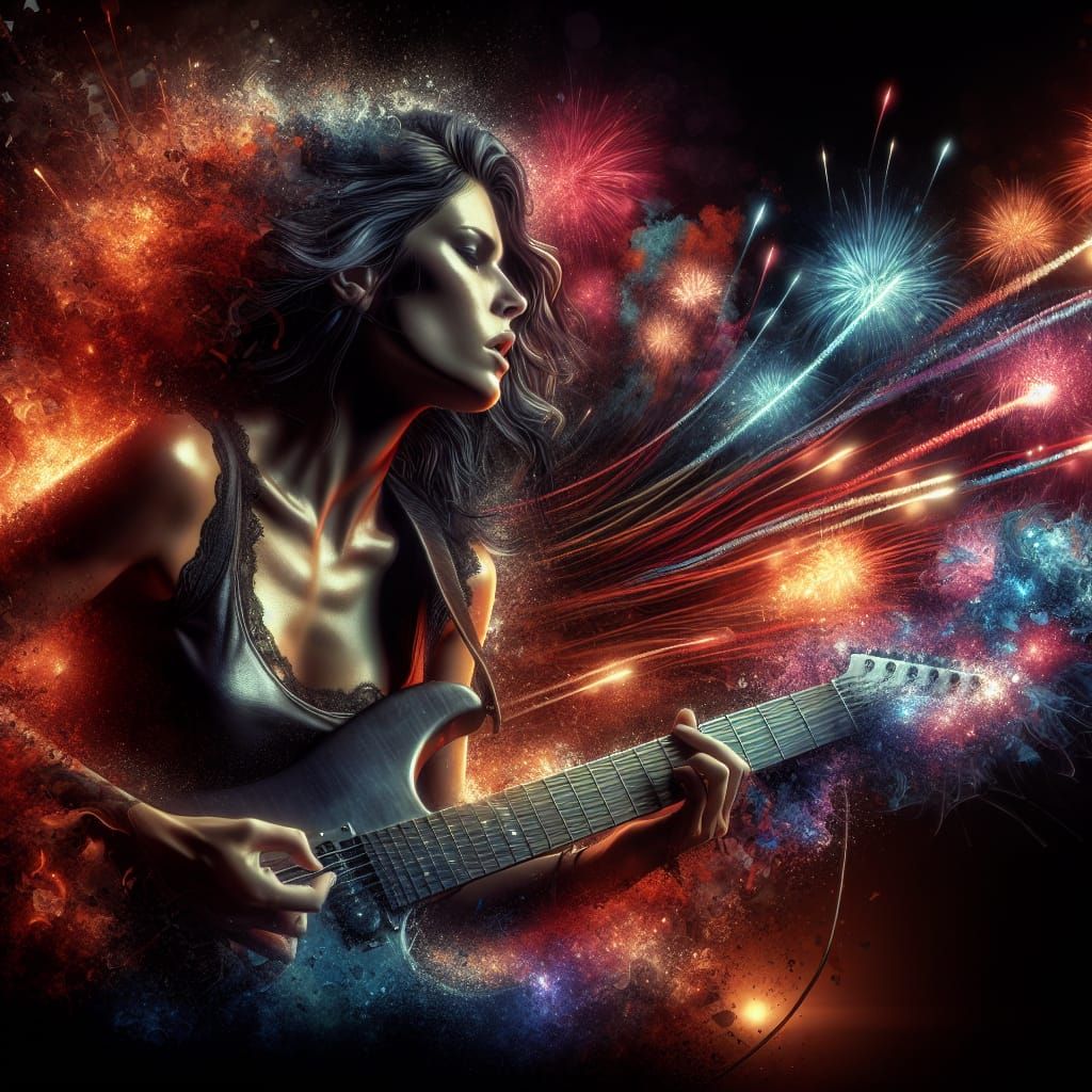 Passionate Rock Guitarist in Hyperrealistic Splash Art