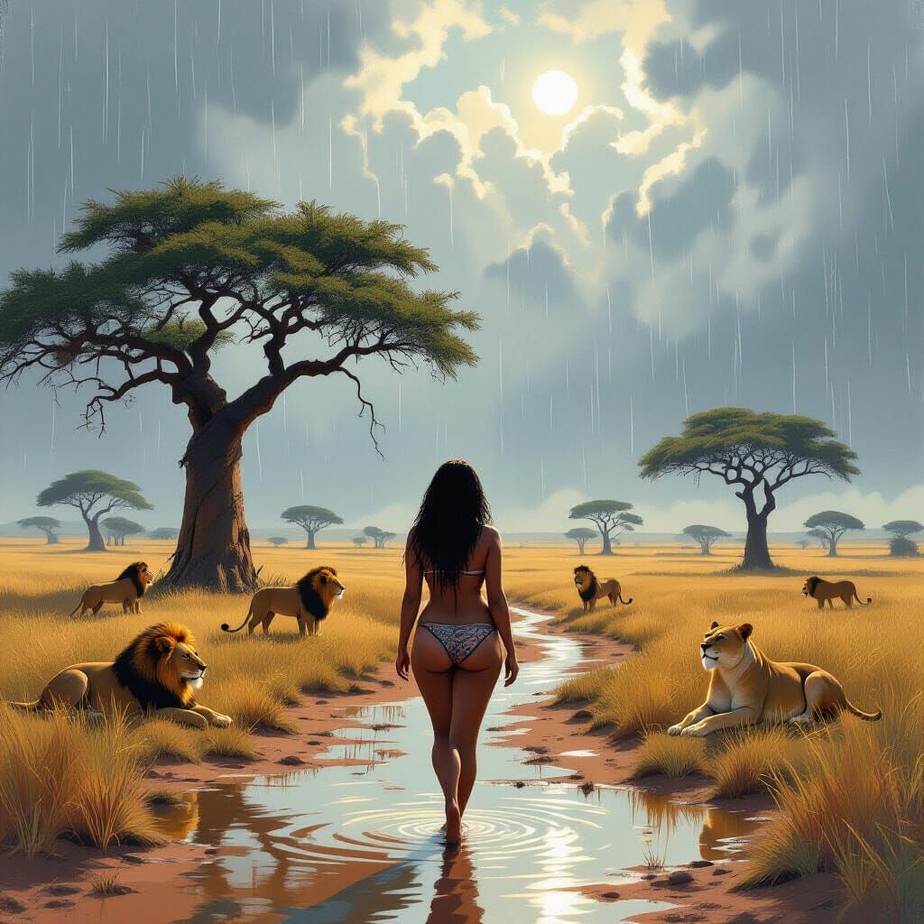 Woman on African Steppe in Torrential Rain