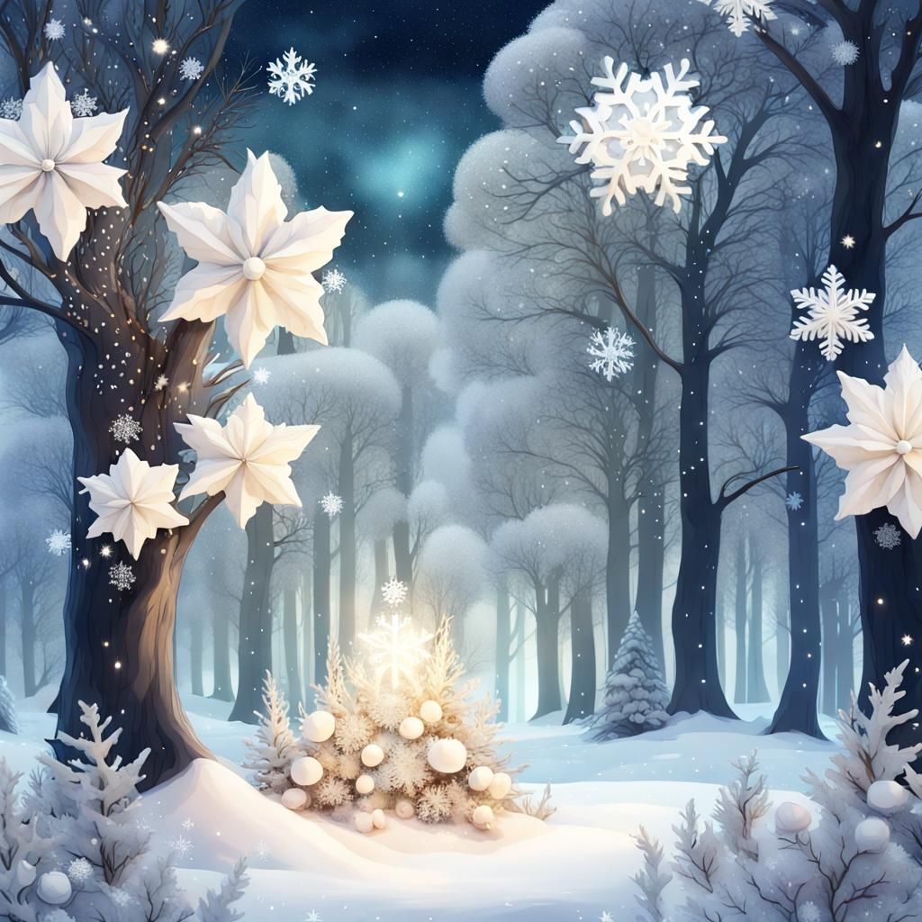 Starry Winter Forest Exploration in Rococo Watercolor