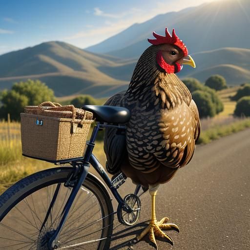 Chicken Rides Bicycle on Sunny Road: Digital Art