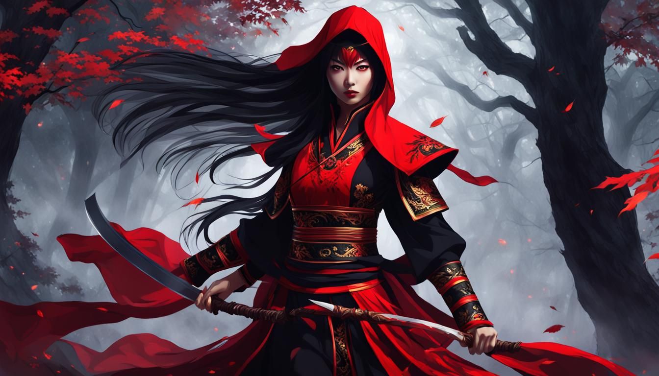 Anime Chinese Warrior in Misty Forest at Night