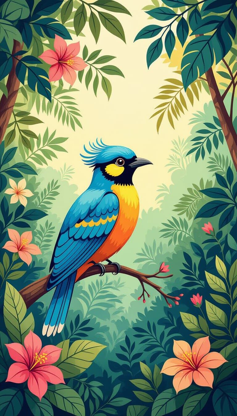 Exotic Tropical Bird in Lush Forest, Cartoon Style