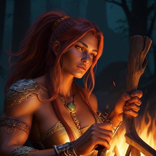 Barbarian Woman Sleeping by Firelight