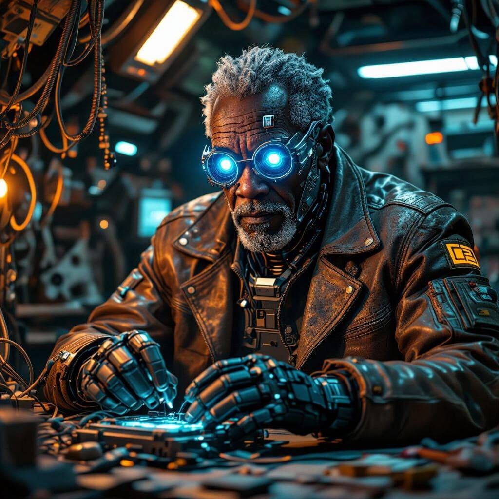 Cybernetic Elder Repairs Device on Space Station