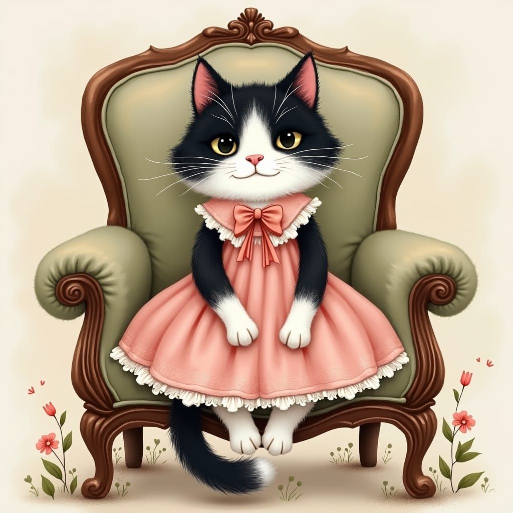 Whimsical Cat in Pink Dress, Watercolor Style
