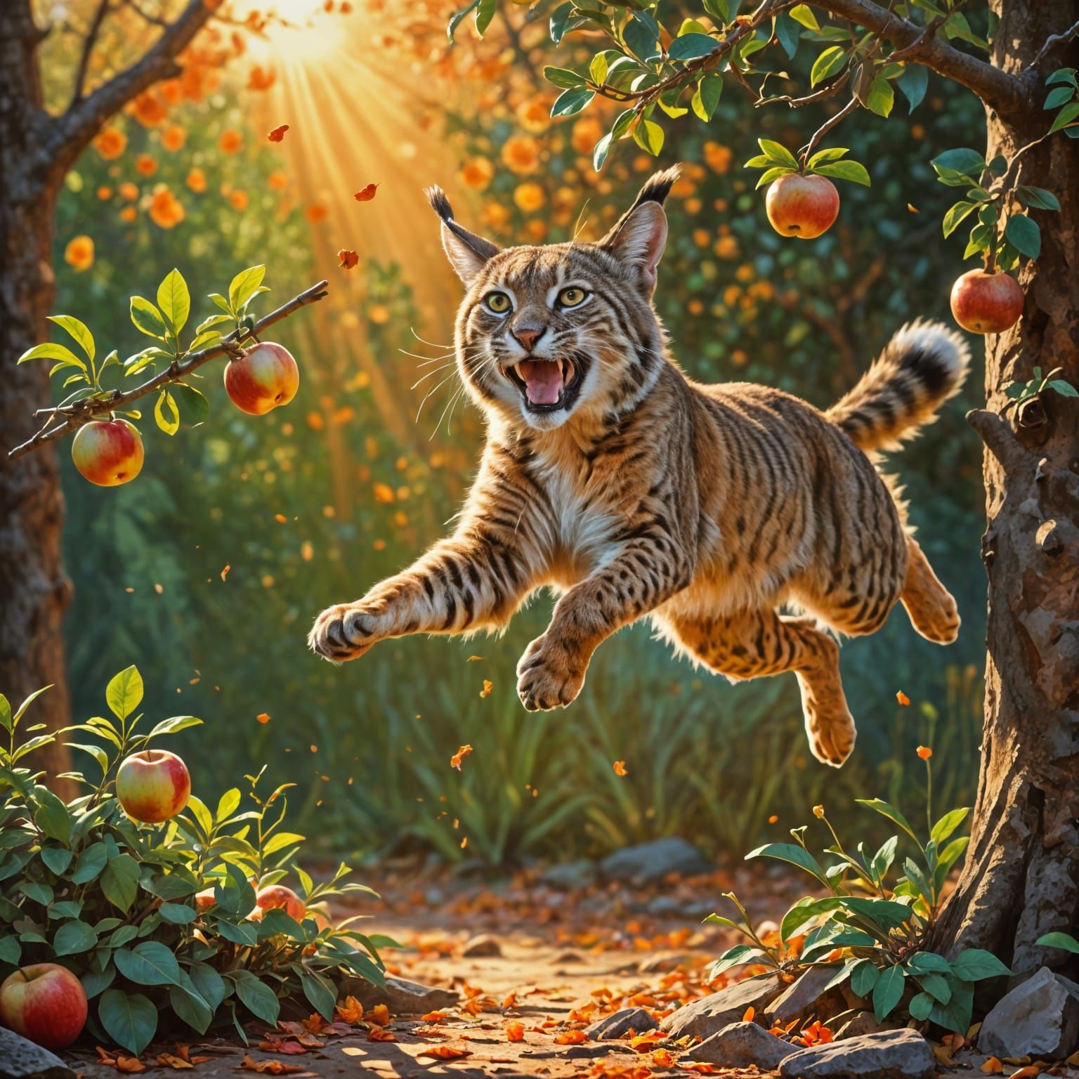 Bobcat Reaching for Apple in Fauvist Orchard
