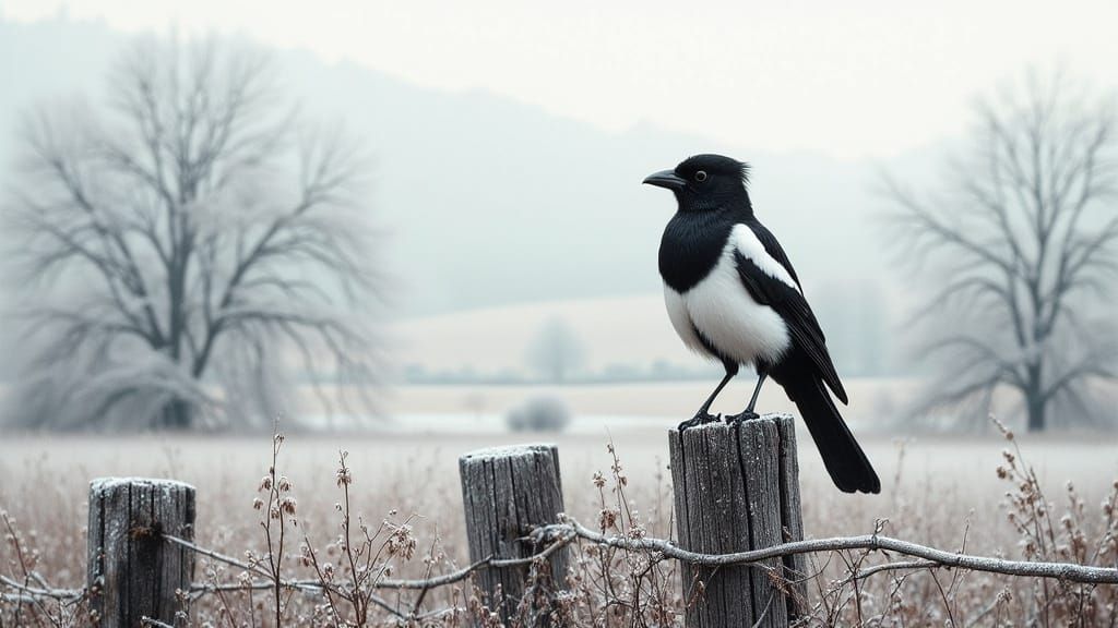 Magpie in Frozen Rural Landscape