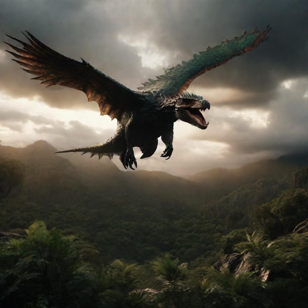 Pterodactyl Soaring in Prehistoric Landscape