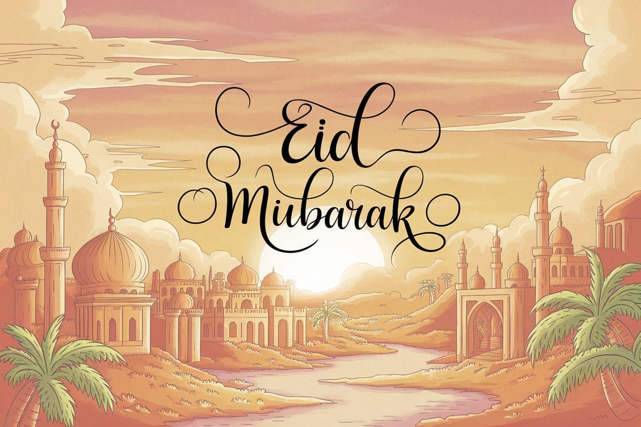 Golden Eid Mubarak Scene in Anime Style