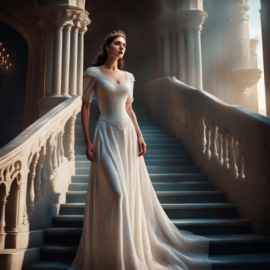 Guinevere in White Velvet Dress on Castle Stairs