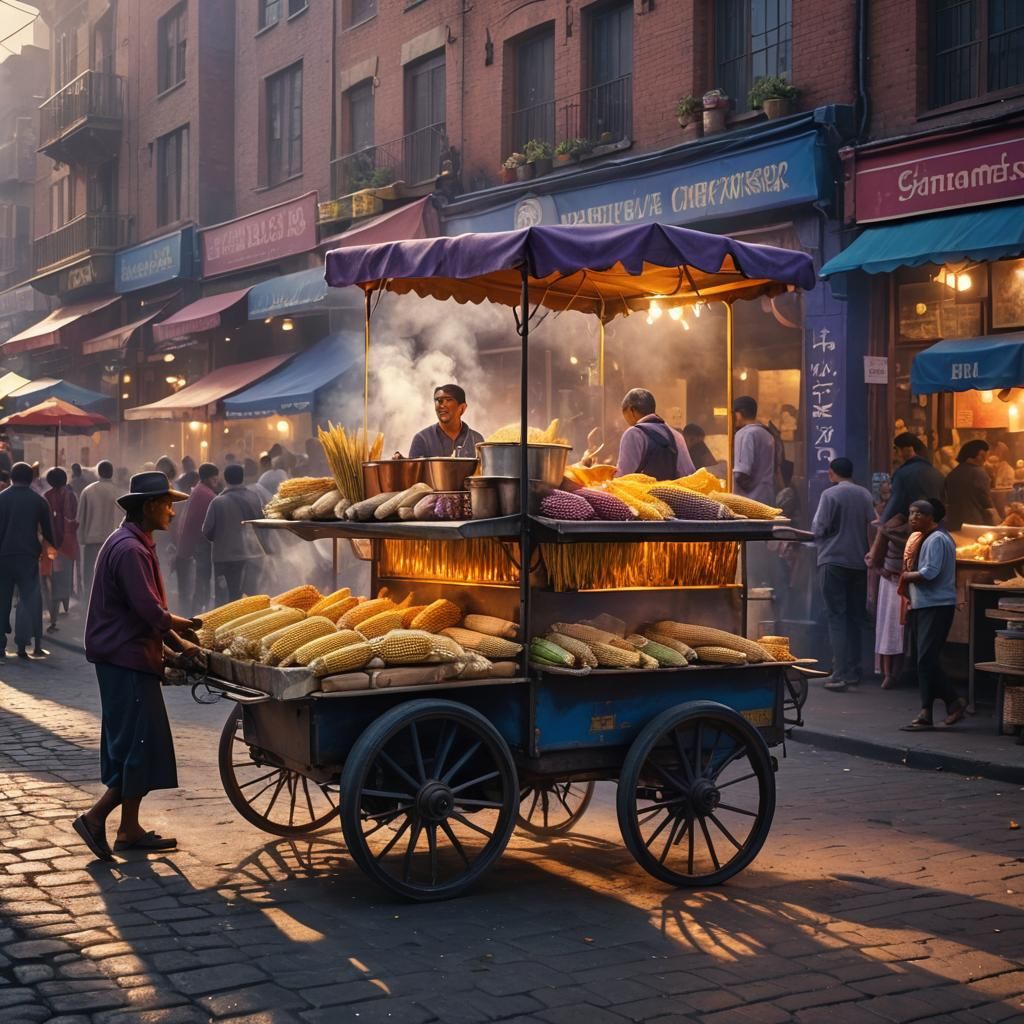 Fantastical Steaming Corn Cart at Dusk: Matte Painting