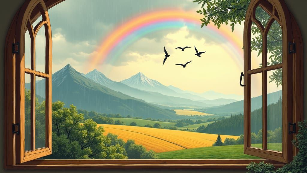 Dreamlike Scene with Rainbow in Detailed Drawing Style