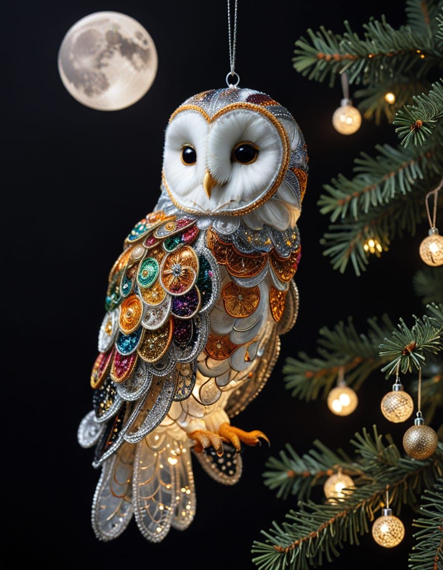 Klimt-Inspired Crochet Barn Owl with Cosmic Christmas Decora...