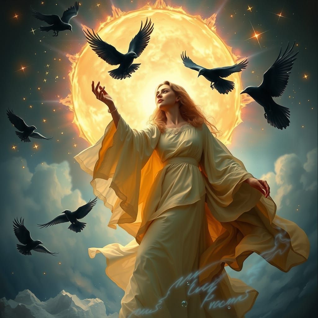 Glowing Mother of Crows in Starry Night Sky, Romanticist Pai...