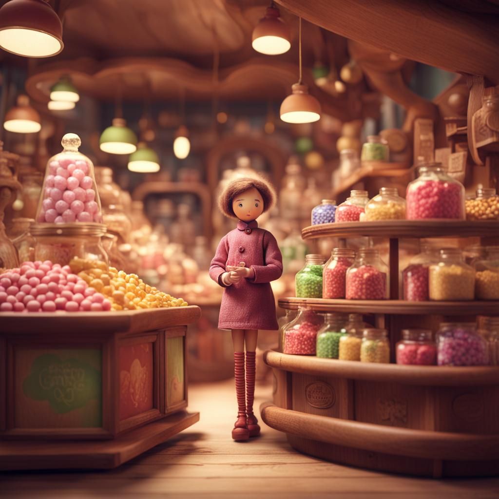 Charming Wooden Doll in a Candy Shop