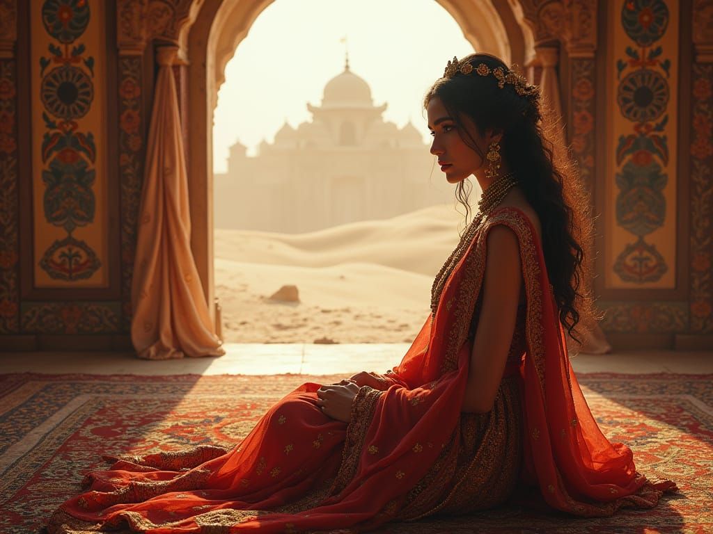 Woman in Ornate Rajasthan Room with Desert Mist