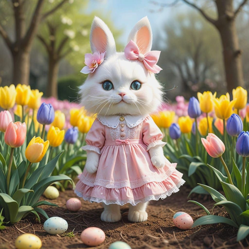 Cute Chibi Cat in Easter Garden