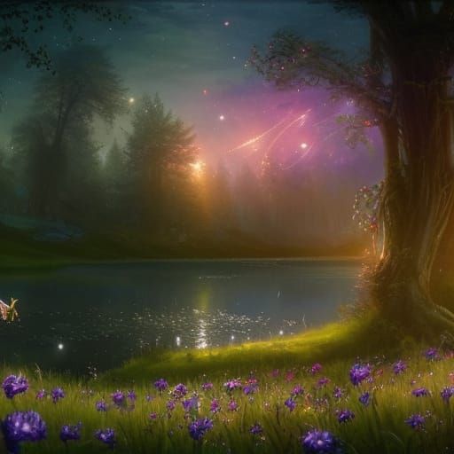 Enchanted Lake Meadow under Starry Night, Gothic Art