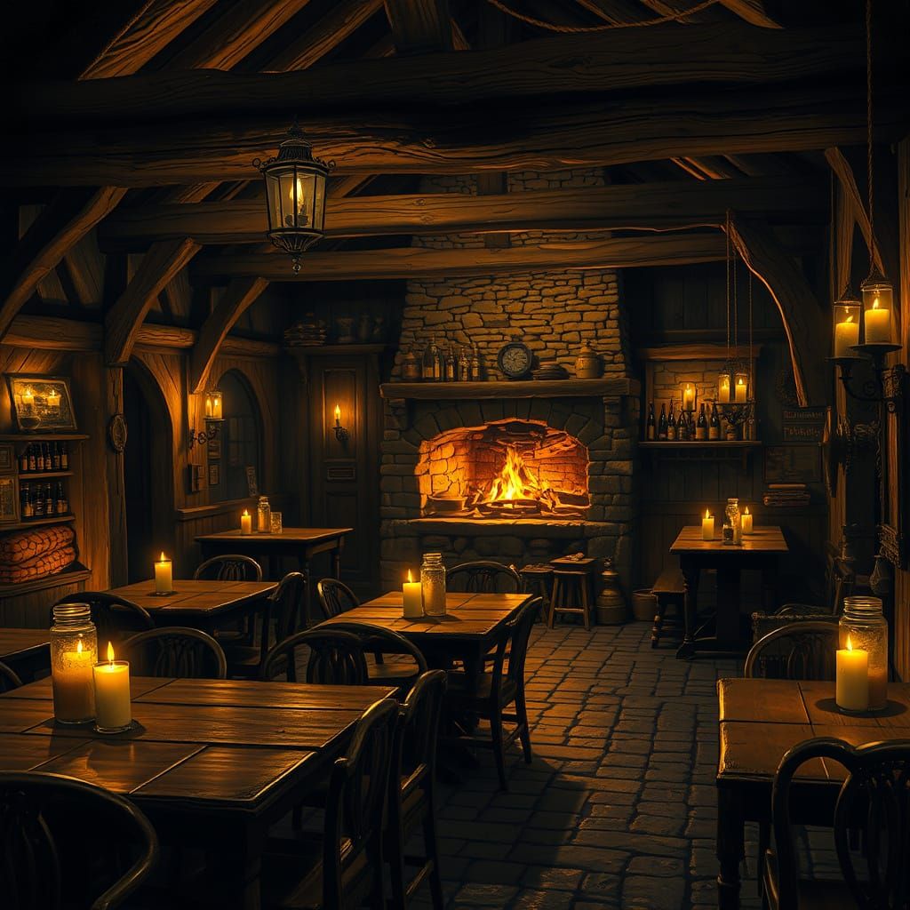 Cozy Medieval Tavern Scene in Atmospheric Lighting