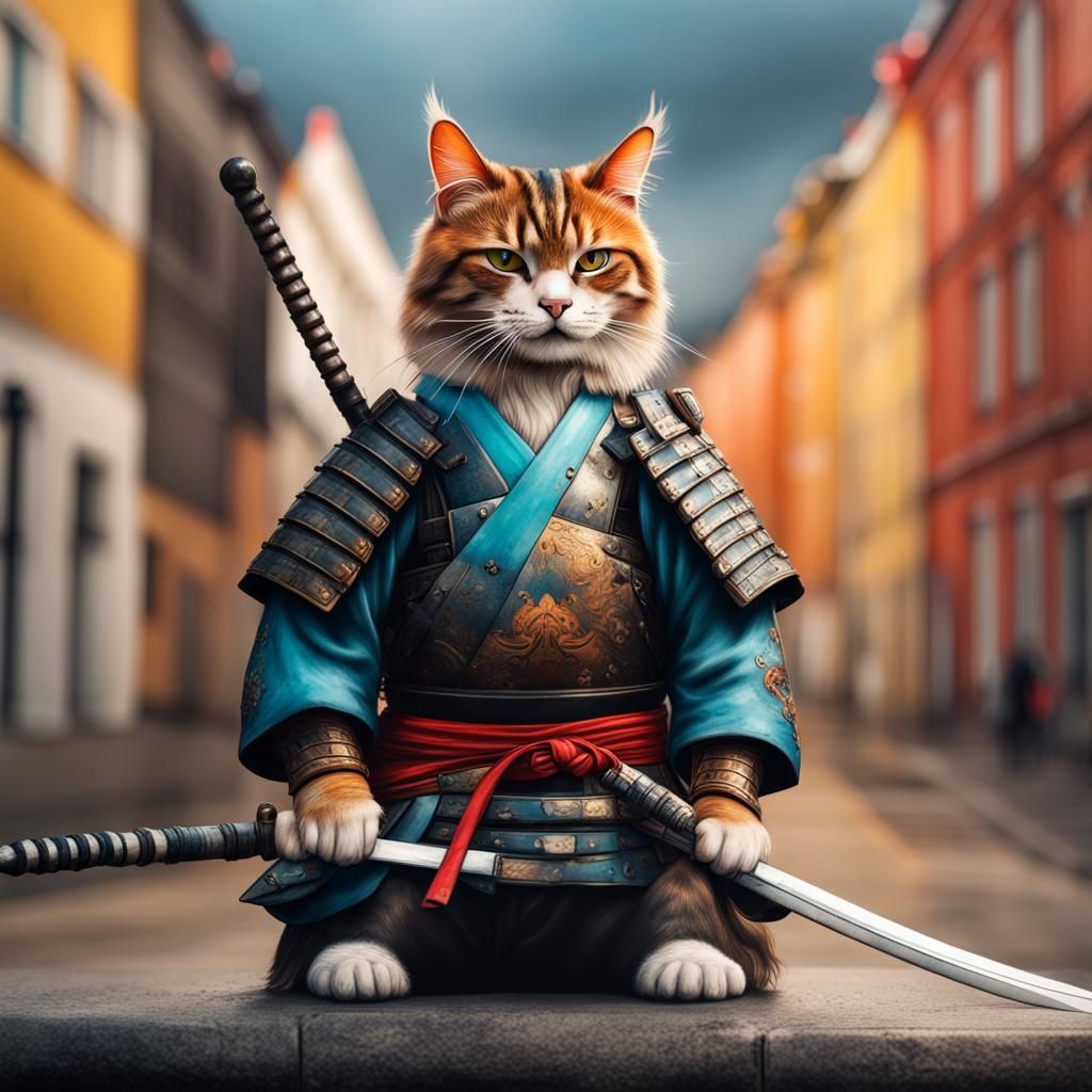 Samurai Cat in Vilnius: Hyperrealistic Concept Art