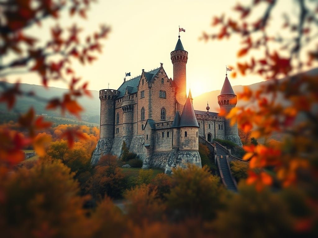 A quilted textured patchwork of a castle in a landscape