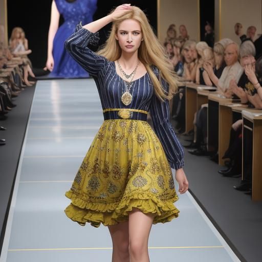 Runway Model in Bold Versace-Inspired Gown